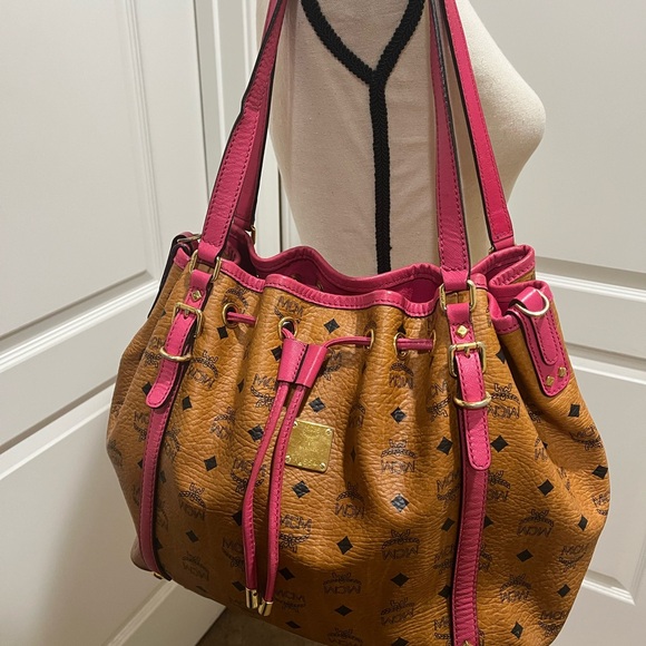 MCM COGNAC VISETOS WITH PINK LEATHER ACCENTS DRAWSTRING SHOULDER BAG - Picture 16 of 16